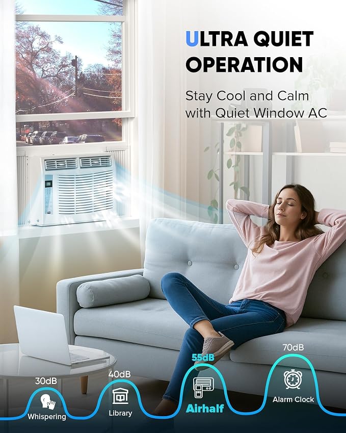 Window Air Conditioner 6,000 BTU with WiFi, Energy Saving Window AC Unit Cools Up to 250 Sq.Ft. with Remote & App Control & Timer, 115V Air Conditioner for Bedroom, Living Room, and Small Room