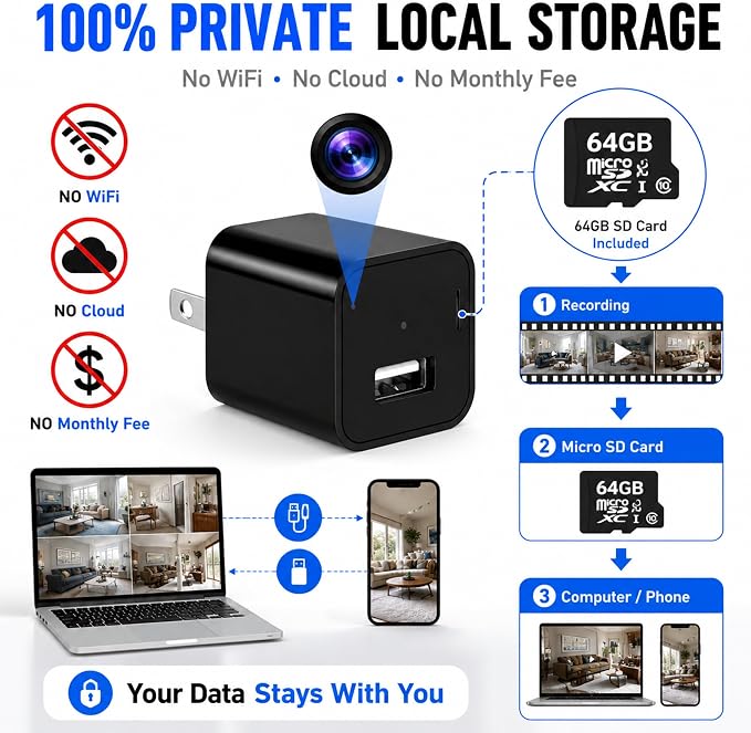 64G USB Charger Hidden Camera, 1080P Motion Detection Indoor Security Camera with SD Card Included, No WiFi/Monthly Fee, 106° Wide Angle, Local Storage Home Monitoring Device (2026 Upgraded)