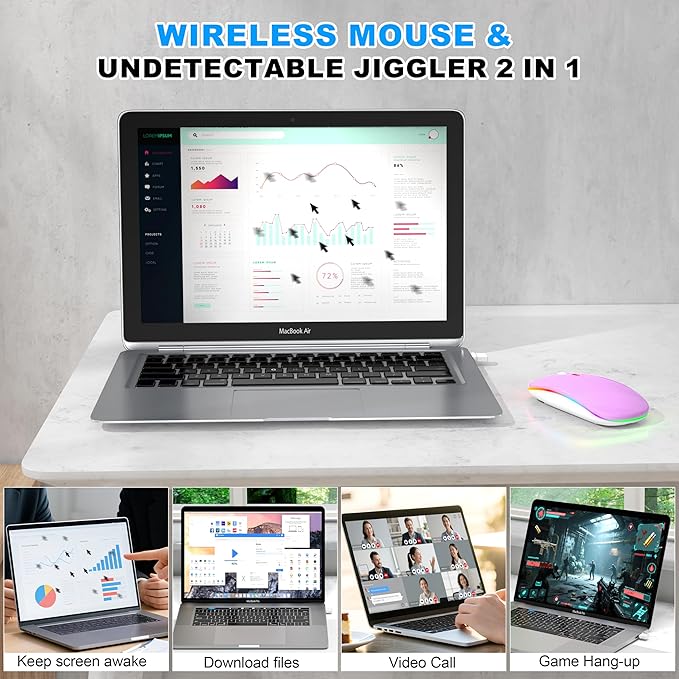 LED Wireless Mouse - RGB Rechargeable Bluetooth Wireless Mouse for MacBook Pro Air Mac iPad PC Laptop, Silent Optical USB C Mice with Jiggler Mouse Mover for Keep Computer Awake - Purple