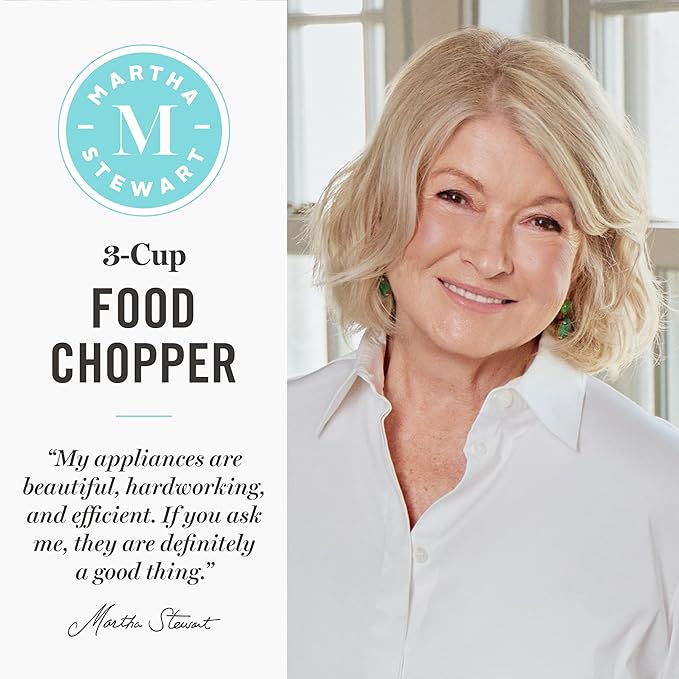 Martha Stewart 3 Cup Electric Food Chopper, Vegetable & Herb Mini Food Processor, 24oz BPA-Free Bowl, Stainless Steel Blades, Pour Spout, Dicing, Mincing, Chop & Puree, Dishwasher Safe, Sky