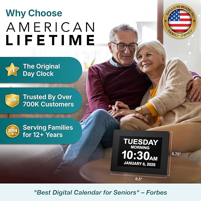 American Lifetime New 2026 Dementia Clock Large Digital Clock for Seniors, Large Display with Custom Alarms, Calendar Clock with Day & Date for Elderly, Clear Numbers Alzheimer Digital Clock Black