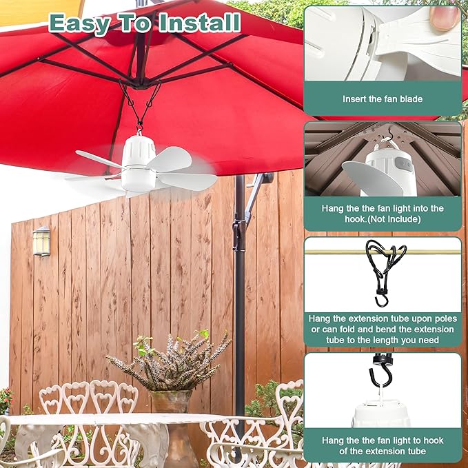 Canopy Fan 20'', 20000mAh Portable Outdoor Ceiling Fan with Light with Remote Control and Extension Hook, Easy Operation Battery Powered Fan Light for Gazebo, Tent , Patio, Camping (White, 20'')