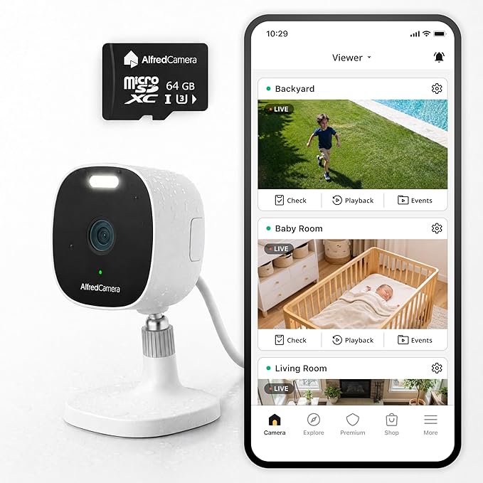 AlfredCam Plus 2 Smart Home Security Camera 2.5K, WiFi 2.4 & 5GHz, Indoor/Outdoor, IP65 Waterproof, LED Spotlight, Two-Way Audio, Color Night Vision, Baby/Pet Cam, App Powered (100M+ downloads)