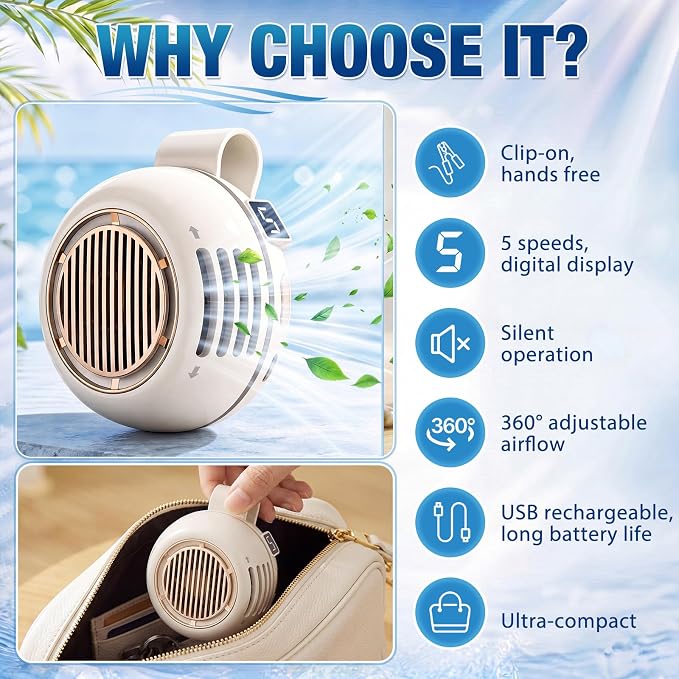 2 Pack Portable Silent Mini Bladeless Fan Clip On 5 Adjustable Speeds Digital Display 360° Rotatable USB Rechargeable Electric Small Fan for Shirt Waist Outdoor Travel(Beige)