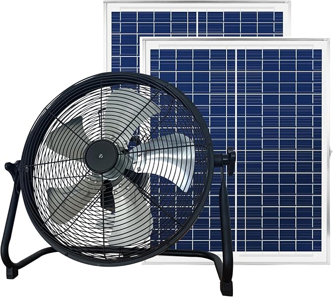 16 Inch Portable Rechargeable Solar Floor/Table Fan, Air Circulation Fan Powered by Two Solar Panels and AC Charger Dual Input for Indoor Household, Picnic Outdoors, Barbecue, Fishing, Travel