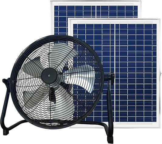 16 Inch Portable Rechargeable Solar Floor/Table Fan, Air Circulation Fan Powered by Two Solar Panels and AC Charger Dual Input for Indoor Household, Picnic Outdoors, Barbecue, Fishing, Travel