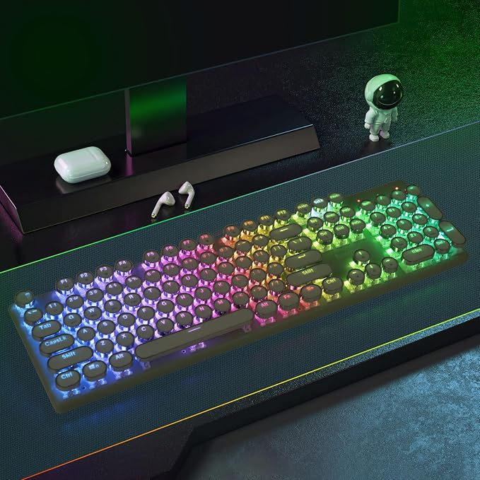 Redragon K710 Wireless Typewriter Mechanical Gaming Keyboard, Bluetooth/2.4Ghz/Wired, RGB Led Backlit, Blue Switch - Clicky, Rechargeable, Solid Metal Panel, Round Keycaps, Green