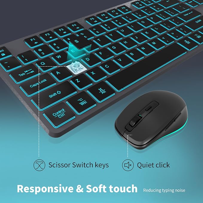 Quiet Wireless Keyboard and Mouse Backlit, Rechargeable Silent Flat Keyboard Mouse Combo, Jiggle Mouse, 2.4GHz Cordless Slim Keyboard Mouse for Mac, Windows, PC Computer, Laptop, Desktop (Space Gray)