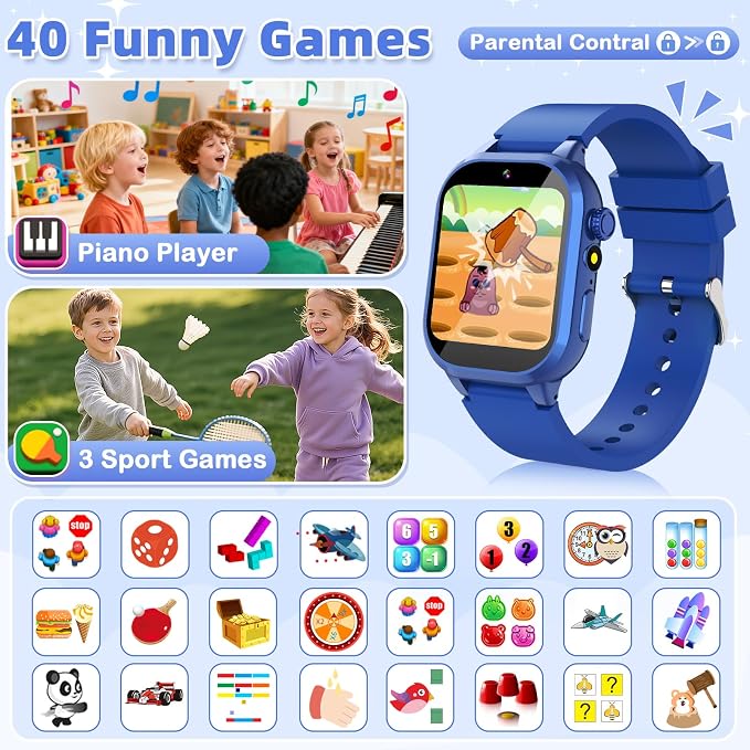 Smart Watch for Kids with 40 Games Video Camera Music Pedometer Flashlight Alarms 12/24 hr HD Touch Screen Kids Watch 2 Extra Bands Birthday Gift for Boys Girls Ages 4-12 Years Old(Blue)