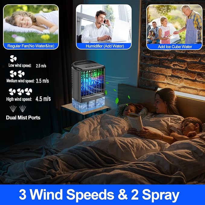 Portable Air Conditioners Cooling Fan,800ML Mini AC with Cool Mist, Small Portable Air Cooler with Handle,3 Speeds, 2/4H Timer, 7 Color LED Light, Quiet Desk Fan for Bedroom Home Office Room Outdoor
