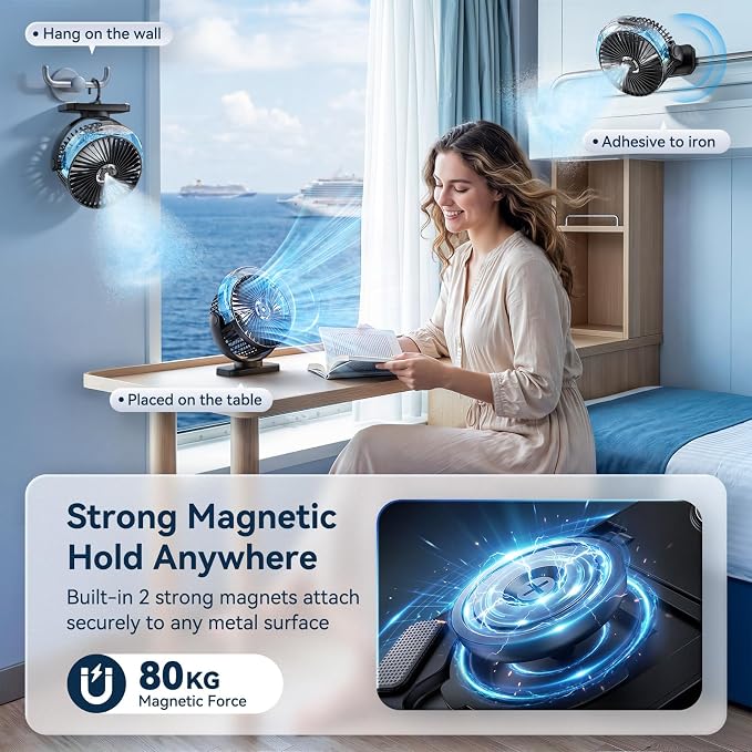 Magnetic Cruise Ship Approved Fan, 12000mAh Battery Travel Fan with Cold Mist Spray, 4 Speeds, LED Lights, Timer, Portable Fan for Golf Cart, Bedroom, Camping, Cruise Must Haves Essentials 2026
