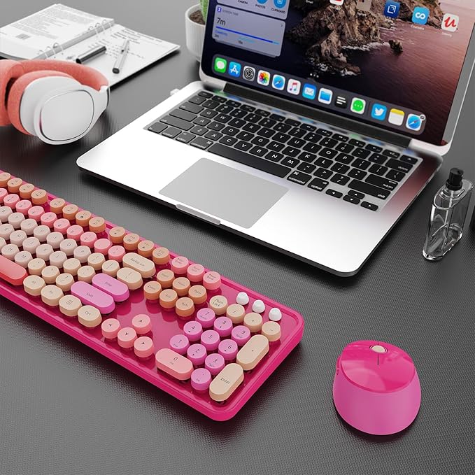 SkyGive Wireless Keyboard and Mouse Combo, Ergonomic Full Size Typewriter Retro Round Keycaps Keyboard, Compatible with Windows, PC, Perfer for Home and Office Keyboards （Red）