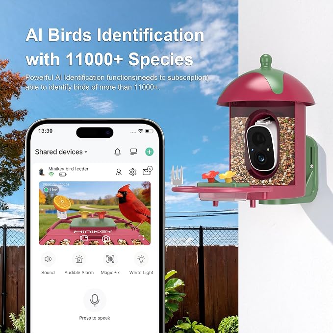 Smart Bird Feeder with Camera Outdoor Birdhouse: AI Identifies 11000+ Species, 2K HD with Arrival Alerts, Attracts Hummingbirds, Dual Squirrel-Proof, Solar Powered, Gifts for Bird Lovers Mom Dad(Red)