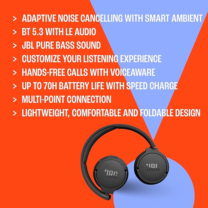 JBL Tune 670NC - Adaptive Noise Cancelling with Smart Ambient Wireless On-Ear Headphones, Up to 70H Battery Life with Speed Charge, Lightweight, Comfortable and Foldable Design (White)