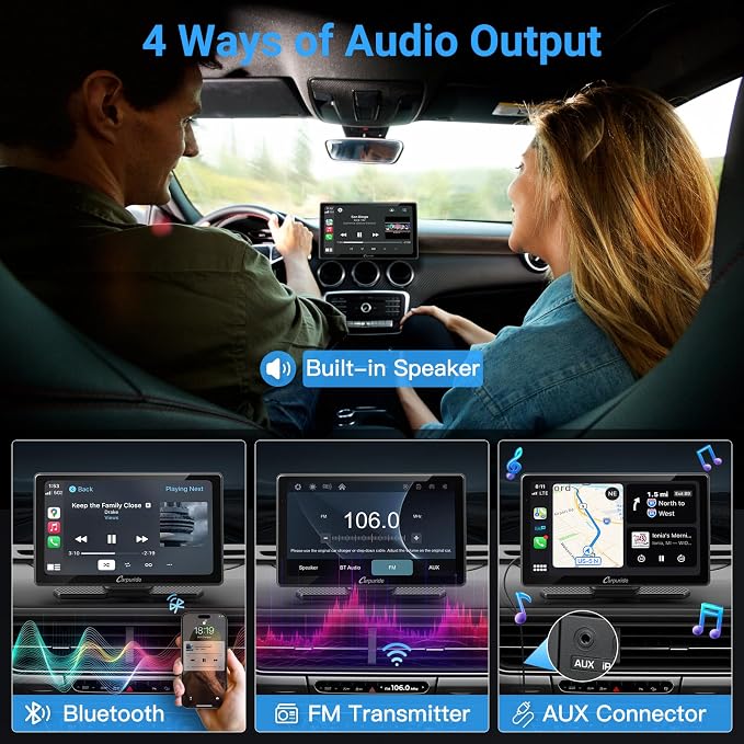 Carpuride W703 Wireless CarPlay for Apple CarPlay & Android Auto, 7" IPS Portable Car Audio Receivers with 4K Front and 1080P Backup Cam, Loop Recording/Mirror Link/Light & G-Sensor/Siri/Navigation/FM