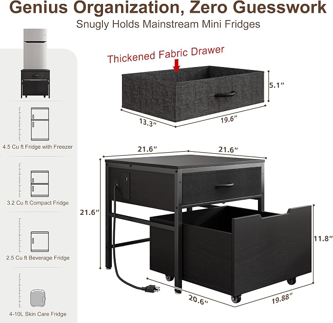 Mini Fridge Stand Cabinet Table Station With Storage Drawers For Dorm Refrigerator To Sit On, Heavy Duty Small Cart With Wheels, Black Office Beverage Shelf and Power Outlet, Sturdy Bedroom Nightstand