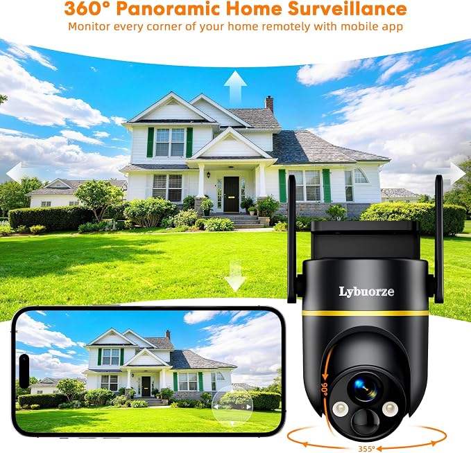 Lybuorz 5G/2.4GHz WiFi Solar Outdoor Wireless Security Camera, 4MP PTZ Cameras for Home Security Outdoor,Full Color Night Vision, AI Motion Detection, Siren Alarm, 2-Way Audio,Work w/Alexa, Waterproof