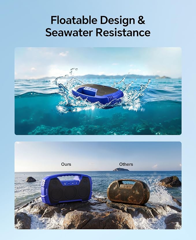 IPX7 Waterproof Outdoor Bluetooth Speaker, Wireless, 90W(Peak), 32H Playtime, Floating Design, Deep Bass & Loud Stereo Sound, Portable with Handle, Rugged for Pool, Beach, Kayaking, Hiking, Blue