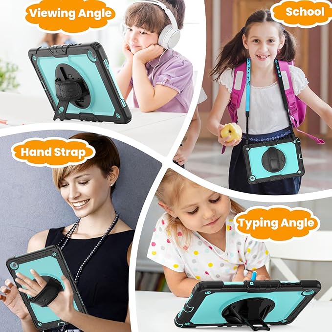 SEYMAC stock Case for Samsung Galaxy Tab A9 8.7'', Full-Body Drop Protection Case with Screen Protector Pencil Holder [360° Rotating Hand Strap] &Stand, SkyBlue+Black