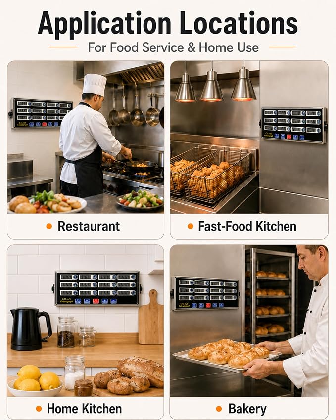 Commercial 12 Channels Digital Kitchen Timer, Stainless Steel Calculagraph Timer with Loud Alarm for Restaurant, Clock Reminder on Multiple Events