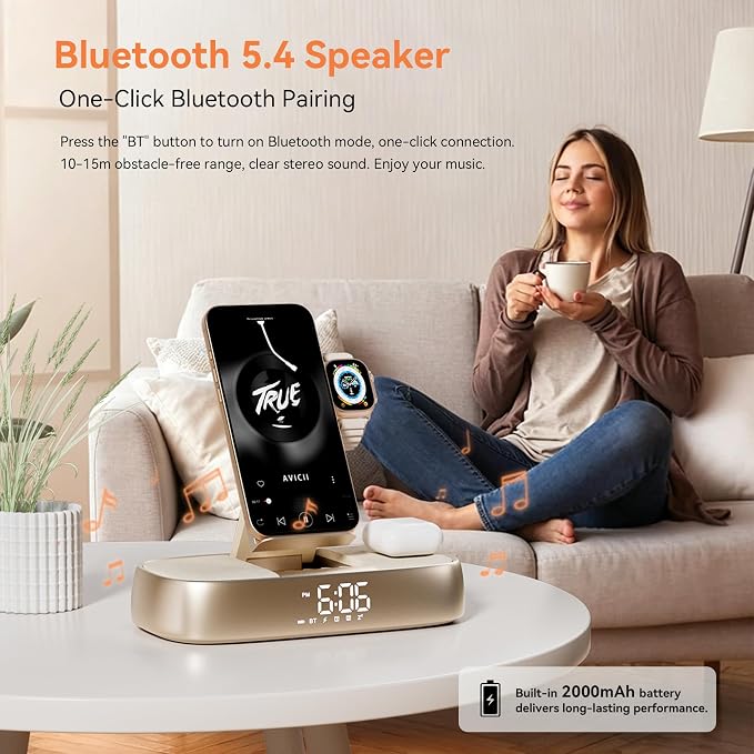Bluetooth Speaker Alarm Clock with Wireless Charging, 15W Safe Fast Wireless Charger Station Phone Stand, 3 Level Bedside Night Light Protable Speaker, Mom Gifts Dual Digital Alarm Clocks for Bedrooms