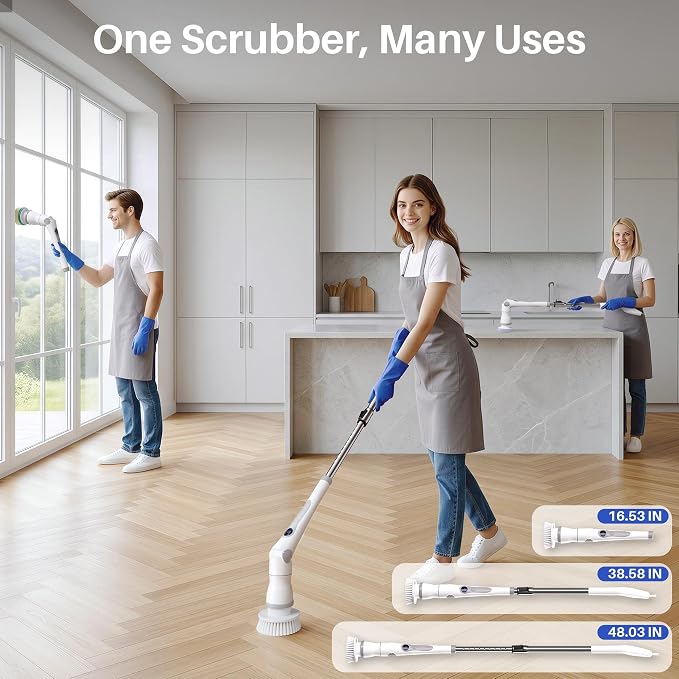 JOYMOOP Electric Spin Scrubber, 450 RPM Cordless Cleaning Brush with Power LCD Display, 9 Brush Heads Waterproof Power Scrubber with 90-Min Runtime, Adjustable Long Handle for Bathtub, Floor, Kitchen