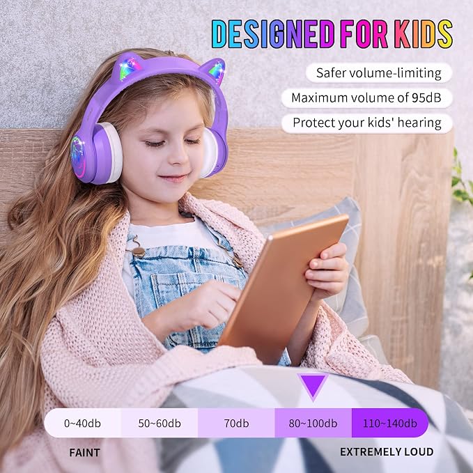 IFECCO Kids Headphones with Microphone Light Up Cat Ear Bluetooth Wireless Headset Volume-limiting for Girls Boys for School Gifts with Case