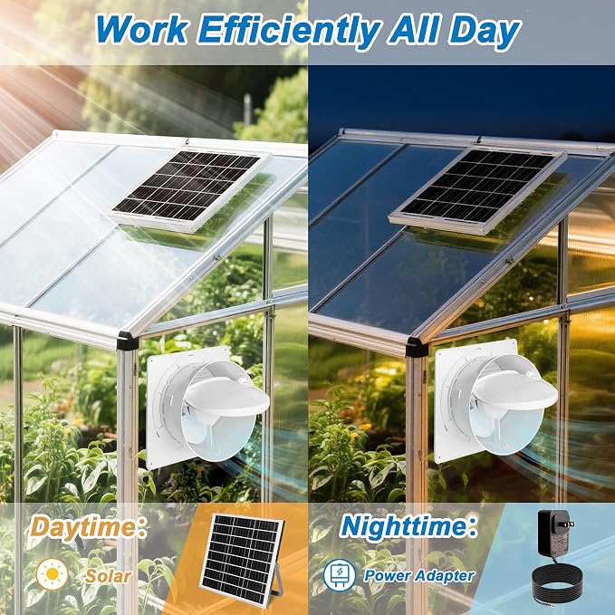 Solar Exhaust Fan with Power Adapter, 6 Inch Solar Powered Exhaust Ventilation Fan, Quiet Brushless Solar Vent Fan with 25W Solar Panel, Anti‑Backflow Valve for Chicken Coop, Shed, Greenhouse