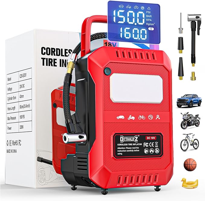 DIYtoolifz Tire Inflator Portable Air Compressor Compatible with Milwaukee 18V Battery, 160PSI Air Pump with Dual Digital Screen, Auto Shut-Off, 5X Faster Inflation & Deflation for Car (Tool Only)