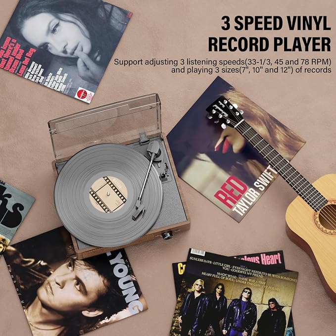 Vinyl Record Player Turntable with Built-in Bluetooth Receiver & 2 Stereo Speakers, 3 Speed 3 Size Portable Retro Record Player for Entertainment and Home Decoration