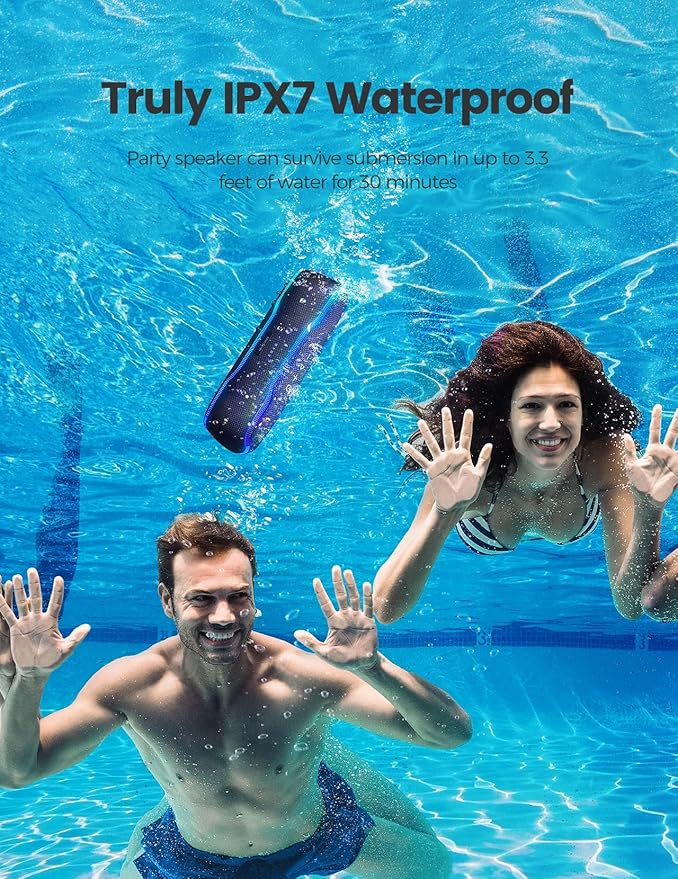 ERKEI SEHN Bluetooth Speaker, IPX7 Waterproof Wireless Speakers, Flashing Light, 25W Super Bass, 24H Playtime, Birthday Valentines Gifts for Him, TWS Pairing, Beach Vacation Essentials, Midnight Blue