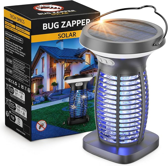 OnBeam Solar Bug Zapper Outdoor, Mosquito Zapper Outdoor Waterproof Electric Fly Zapper Rechargeable Mosquito Killer with Solar Panel, 4200V Fly Trap Indoor for Home Backyard, Patio, Garden, Camping