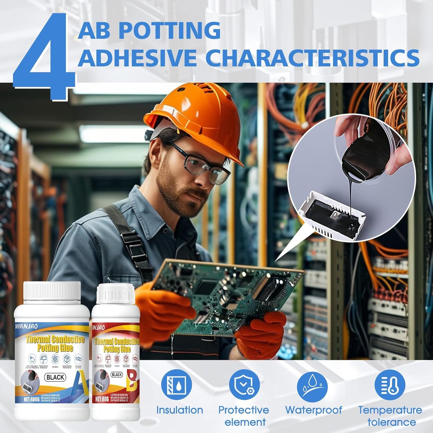 Electronic Potting Compound, Thermally Conductive Epoxy Thermal Adhesive Insulation Waterproof Sealant for Electronic Component Packaging Led Power Supply Circuit Board Protection, 480g A+B