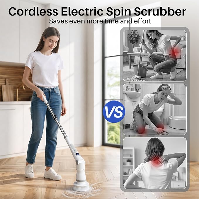 JOYMOOP Electric Spin Scrubber, 450 RPM Cordless Cleaning Brush with Power LCD Display, 9 Brush Heads Waterproof Power Scrubber with 90-Min Runtime, Adjustable Long Handle for Bathtub, Floor, Kitchen