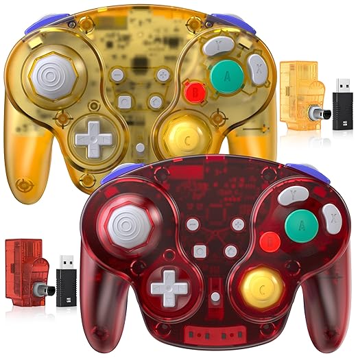 2 Pack 2.4 GHz Wireless GameCube Switch2 Pro Controller, for NGC GameCube Console, Switch2 / Switch2 OLED/ Switch2, PC, Steam Deck, PC (Built-in Rumble) (Rechargeable) (Plug and Play) Clear Yellow/Red