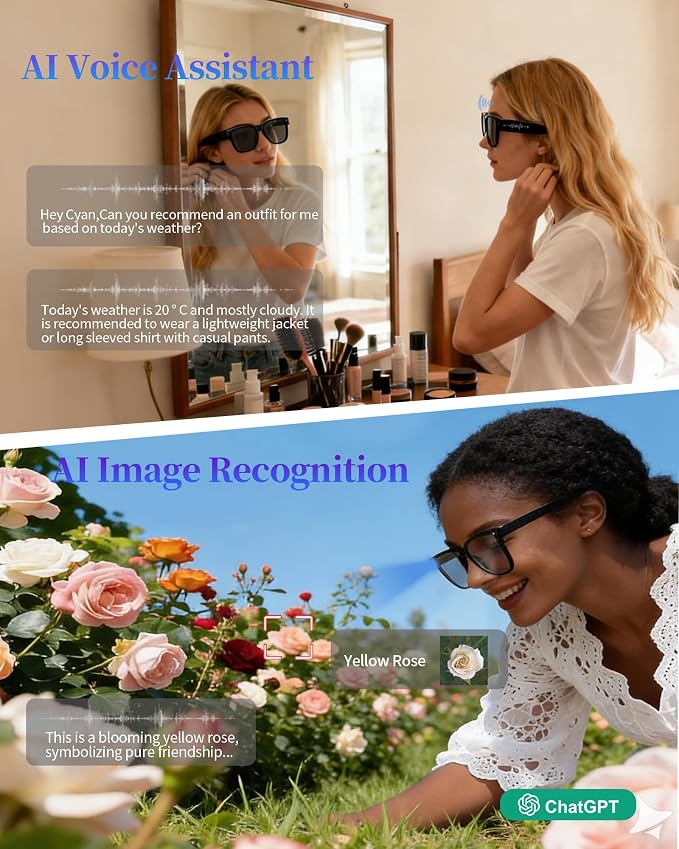 Smart Glasses with Open-Ear Audio & ENC Noise Reduction, 2026 AI Glasses with 8MP Camera, 139 Languages Real-Time Translator, ChatGPT Voice Assistant, UV & Blue Light Blocking for Men Women Daily
