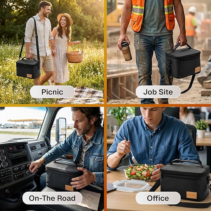 FORABEST Portable Microwave Food Warmer - Electric Lunch Box 80W with Insulated Bag and Utensils - 12V/24V Car/Truck & 110/220V Home/Office Use - Fits up to 10 x 7 x 5 Inches Containers - Black