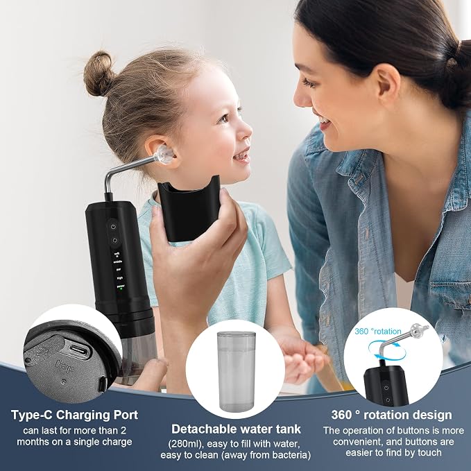 Ear Wax Removal, Electric Ear Irrigation Flushing System, Water Powered Ear Cleaner with 4 Pressure Modes, 6 Reusable Replacement Tips, Safe and Effective Ear Cleaning Tool for Adults (Black)