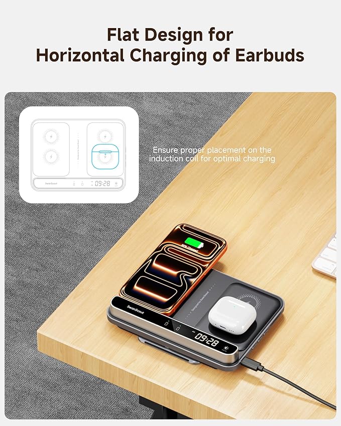 Dual Phone Charger, Wireless Charger for iPhone 17/16/15/14/13/12 Series, for Apple Watch 11/10/9/8/7/Ultra 3/SE 3, for AirPods 4/Pro 3/Pro 2, SwanScout 710A