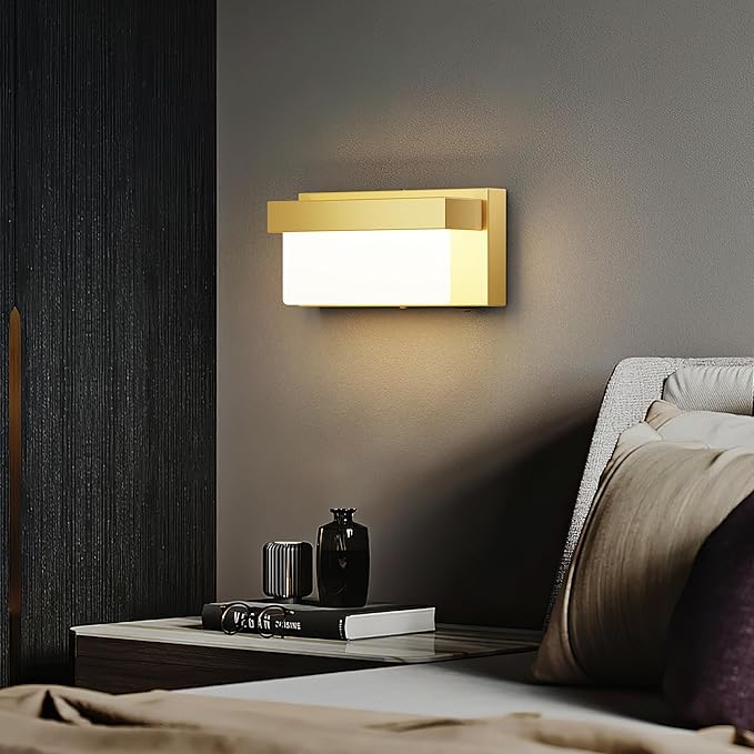 Wall Sconce Gold Wall Light with On/Off Switch 8 inch LED Wall Lamp Acrylic Lampshade 4000K Sconce Wall Lighting