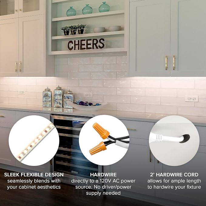 Maxxima 24 in. Hardwired LED Under Cabinet Strip Light, 920 Lumens, 3000K Warm White, Kitchen and Living Room 120V White Cove Lighting, No Power Supply Needed