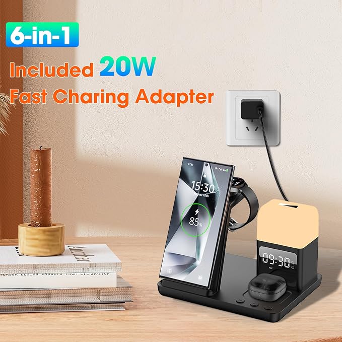 Wireless Charger for Samsung/Android Charging Station, 6 in 1 Fast Watch Charger with Alarm Clock-Night Light, Compatible for Galaxy S25 Ultra/S24, Only for Samsung Watch8/7, Galaxy Buds3 Pro(Jet)