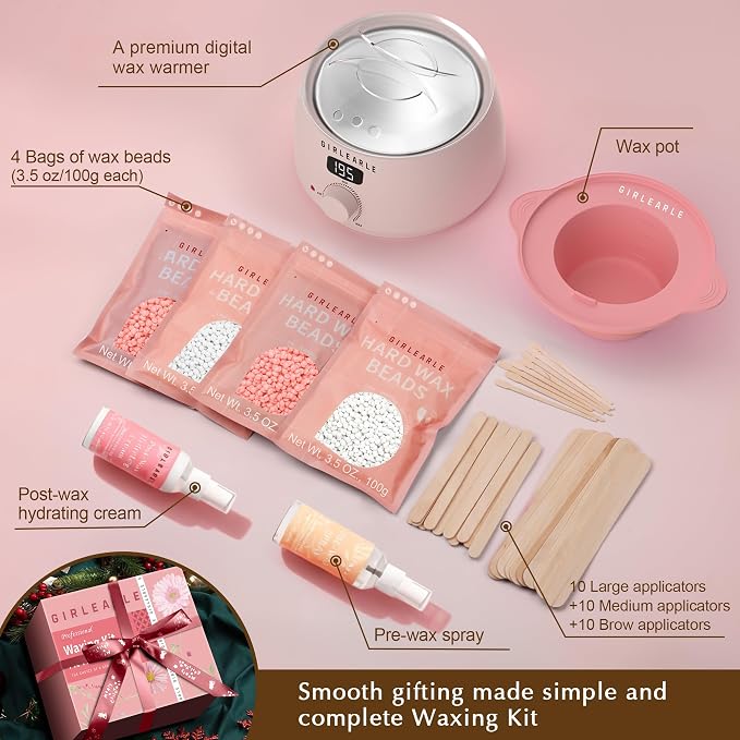 GIRLEARLE Premium Digital Waxing Kit for Women Sensitive Skin, Wax Warmer Hair Removal for Men at Home with Wax Beads & Silicone Pot, Target Different Types of Brazilian Bikini, Facial, Leg, Full body