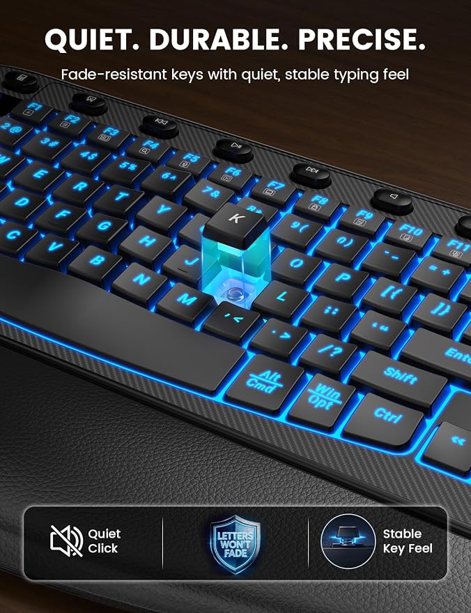 SABLUTE Wireless Keyboard and Mouse Combo Ergonomic - MA12Pro Wave Keyboard with Leather Wrist Rest for Comfortable Typing, RGB Backlit Rechargeable for Windows, Mac, PC, Laptop