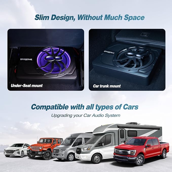 Seventour 10" Upgrade 800W Slim Under Seat Powered Car Subwoofer, Car/Truck Audio Sub Built in Amplifier amp Combo, with Blue LED Light (RGB LED Subwoofer+Installation Wire Kit)