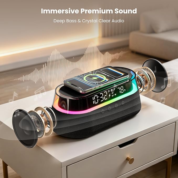 6-in-1 Bluetooth Speaker Alarm Clock with Remote, FM Radio & Dimmable LED Night Light, 15W Fast Wireless Charger, Dual Digital Clock for Bedroom Home Office, Ideal Gifts for Him, Men Women