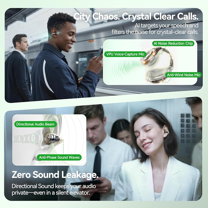 Linklike Most Comfortable Open Ear Clip On Earbuds [Patented Zero Pressure & Top Hi-Fi] Hi-Res LDAC, 40H+ Battery, AI Clear Calls & No Sound Leakage, Ultralight 5g Fit for All Ears, Ideal Gifts-Green
