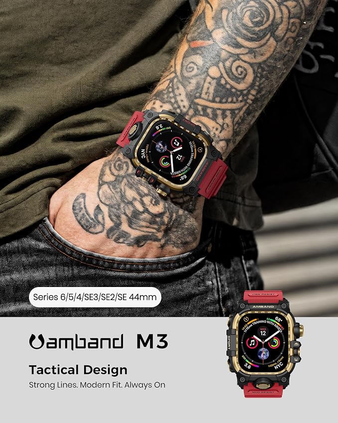 amBand Rugged Case with Band for Apple Watch 44mm, Compatible with iWatch Series SE 3/SE 2nd Generation/SE/6/5/4, Military Grade Shockproof Bumper Cover, Tactical Band for Men, Red