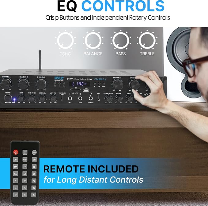 Pyle Bluetooth Home Audio Amplifier - 6 Channel Stereo Receiver Amp, 600 Watt Power, Commercial or Karaoke with Mic Talkover, Headphone Jack, 1/4'' Microphone In, USB SD AUX RCA FM Radio