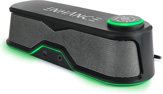 ENHANCE SB1 High Excursion Computer Soundbar - USB Powered Computer Speaker, Under Monitor Speaker with 10W Peak, LED Volume Control Knob, Headset Pass Through, Gaming Soundbar for PC